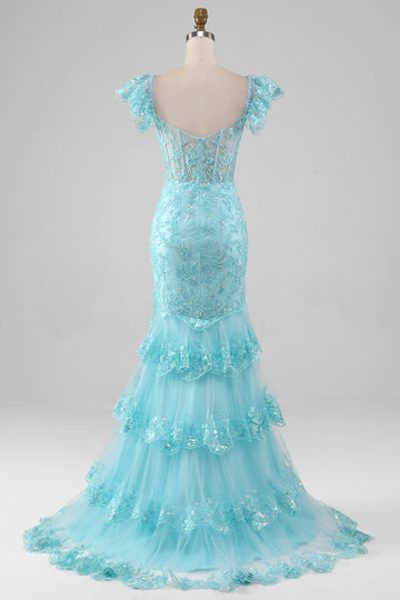 Robe de bal bleu ciel en dentelle à épaules dénudées et paillettes sirène avec fente